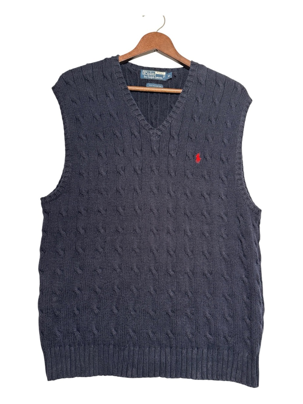 Polo Ralph Lauren Cable Knit Sweater Vest Navy Blue XL (fits M) Red Pony Cotton